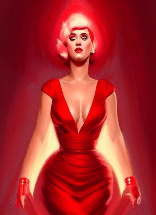 Image similar to portrait of katy perry in a red dress, intricate, elegant, glowing lights, highly detailed, digital painting, artstation, concept art, smooth, sharp focus, illustration, art by wlop, mars ravelo and greg rutkowski