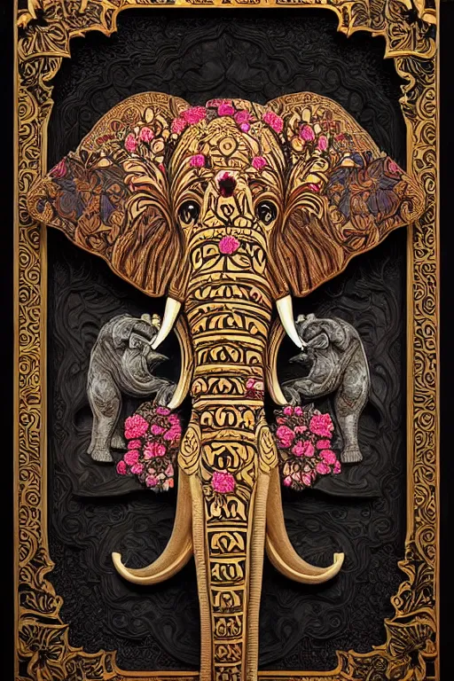 Image similar to Painted dark-wood panel relief carving of a Flowerpunk Matriarch Elephant, ornate border frame, explosion of colorful flowers, dark wood, intricately carved, black ink, festival of rich colors, intricate details, cinematic lighting, volumetric lighting, post-processing, by andreas rocha and john howe, and Martin Johnson Heade, featured on artstation, featured on behance, golden ratio, hyper detailed, photorealistic, epic composition, center spotlight, f32, well composed, UE5, 8k