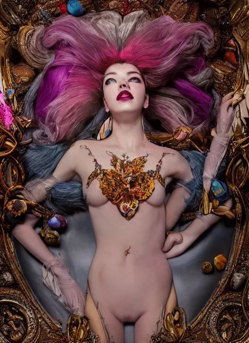 Prompt: expressive full body photo of anya taylor - joy, dress made of candies, glamour shot, by karol bak, stefan gesell, photorealistic, nikon d 4 x, fashion photography, hyper maximalist, elegant, ornate, luxury, elite, environmental portrait, symmetrical features, octane render, unreal engine, solid dark grey background, dramatic lights