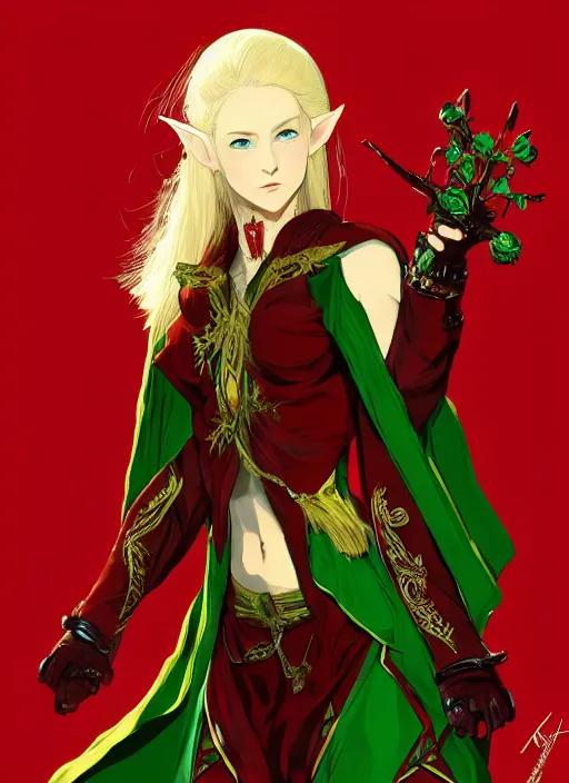 Image similar to Full body portrait of a beautiful young blonde short haired elven princess wearing red, green and gold priest robe. In style of Yoji Shinkawa and Hyung-tae Kim, trending on ArtStation, dark fantasy, great composition, concept art, highly detailed.