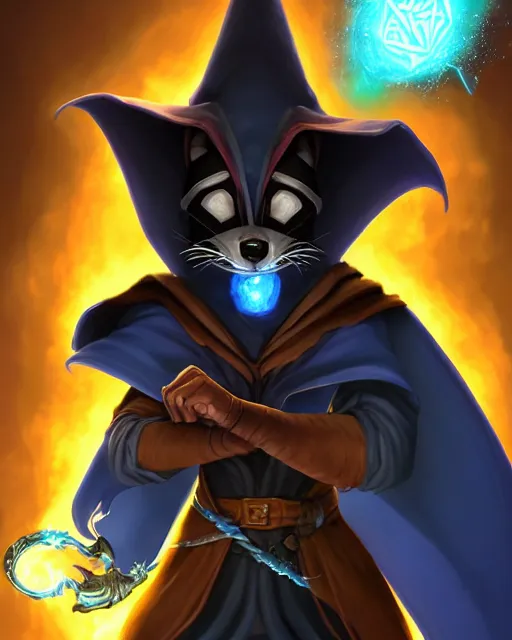 Prompt: closeup, highly detailed digital illustration portrait of hooded sorcerer druid necromancer sly cooper rocket the raccoon casting a magical energy sparkling swirling blue glowing spell in an ancient castle, action pose, d & d, magic the gathering, by rhads, frank frazetta, lois van baarle, jean - baptiste monge, disney, pixar,