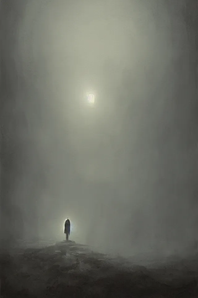 Prompt: “a painting of a robed man with a lantern standing in a foggy marsh at night time, a detailed matte painting by Artem Demura, gothic art, dark, concept art, artstation hq, matte painting”