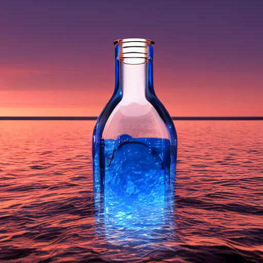 Prompt: a human head stuffed in a bottle, on the ocean water, futuristic, glowing, hyper realistic, ray tracing, realistic water splashes, sharp focus, long shot, 8 k resolution, cinematic, photoshop art