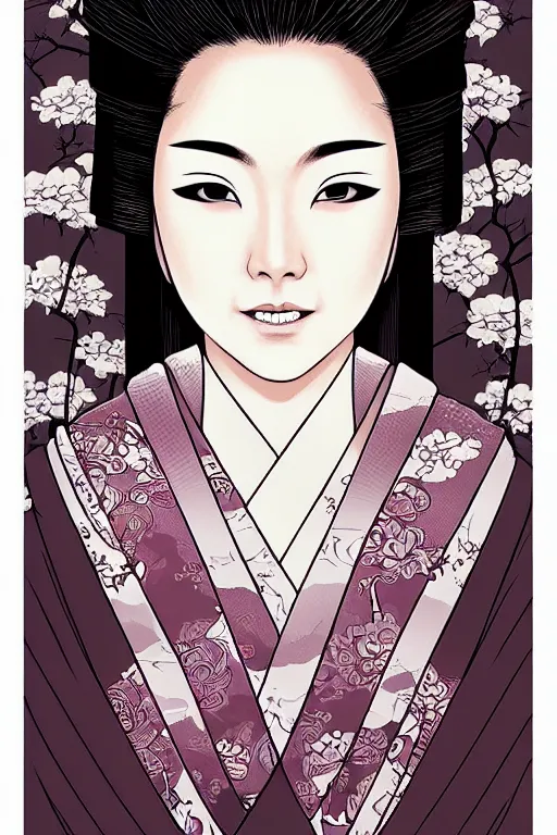 Prompt: a portrait of a japanese geisha, drawn by robbie trevino and dan mumford, poster, digital art, comic art, concept art, single head, no double head,