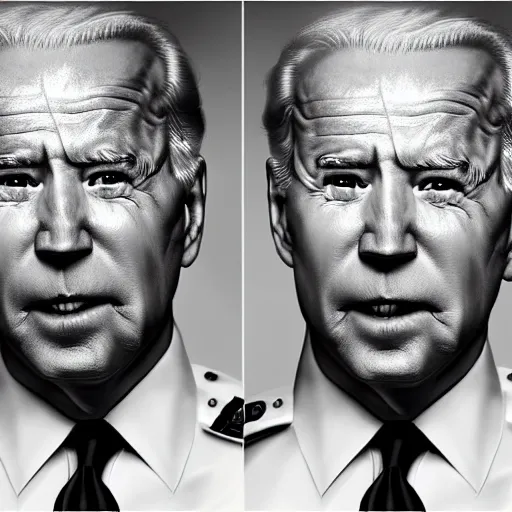 Image similar to Joe Biden as a police officer, black and white, high detail, portrait, close up, photorealistic, grit