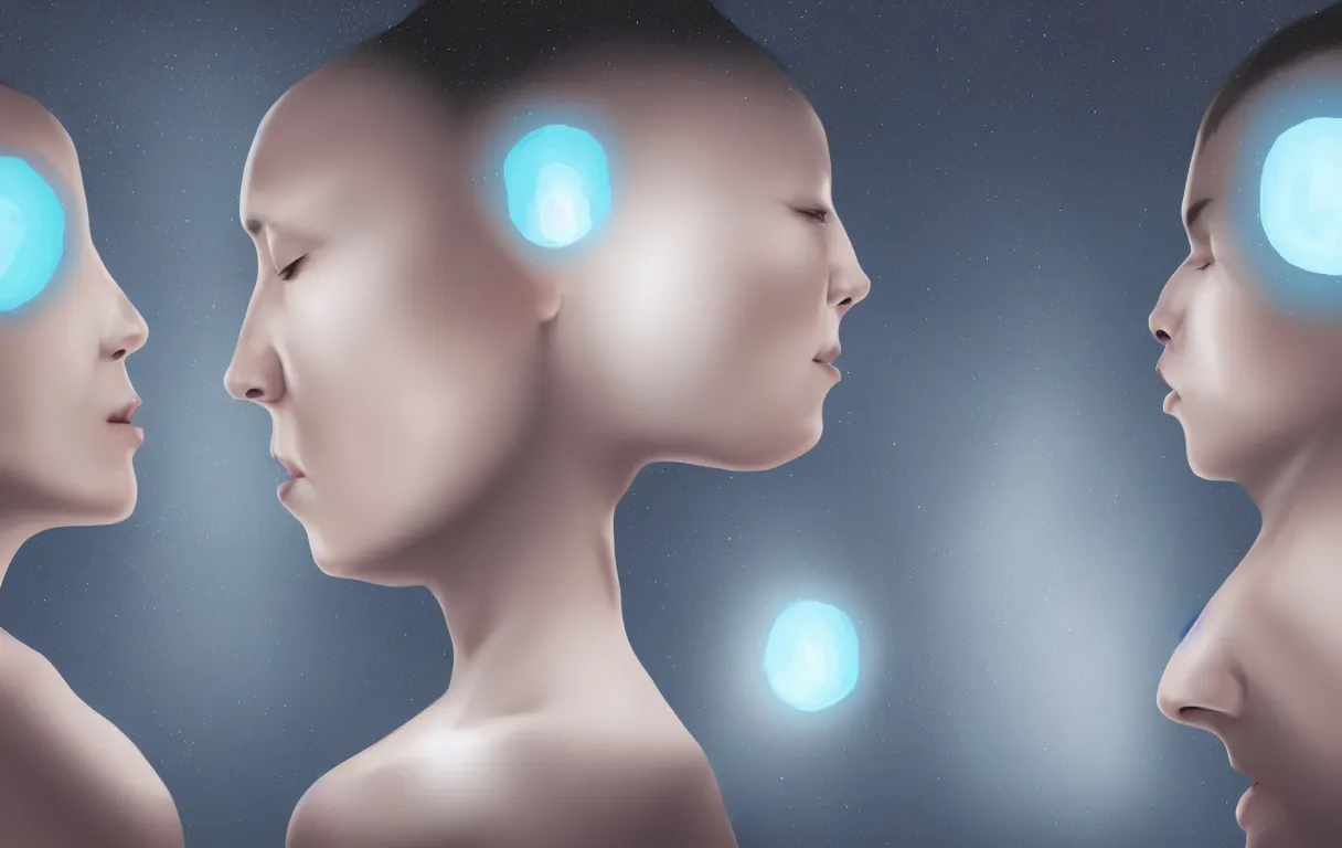 Image similar to a digital painting depicting a two ai android facing each other while their eyes are closed