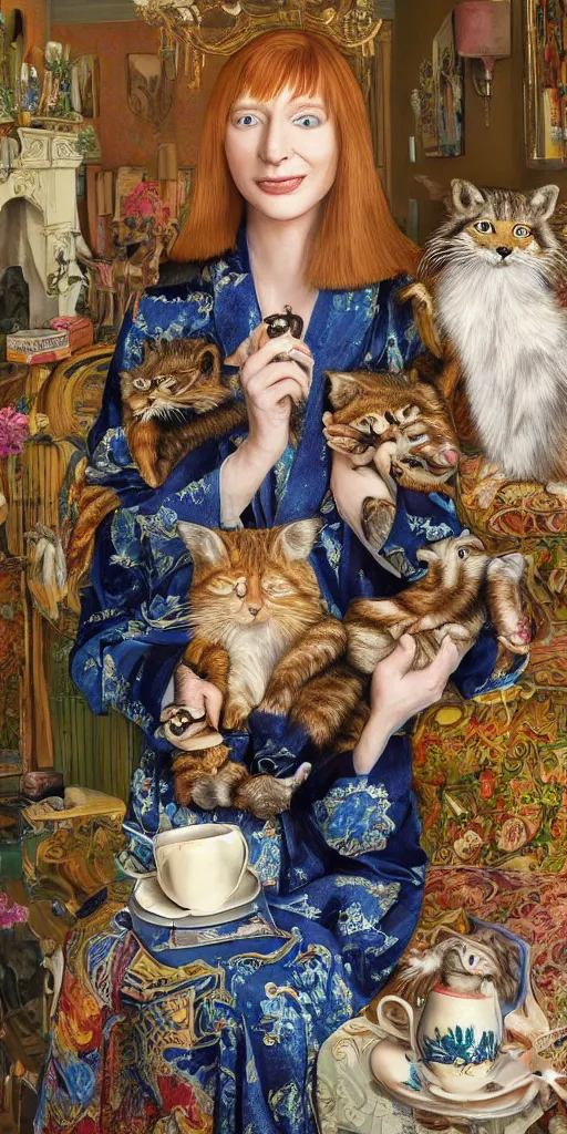 Image similar to a stunning hyper-detailed photorealistic painting of only one slender beautiful smiling woman with long ginger hair and bangs, wearing a luxurious silk robe, wearing headphones and posing with her large ginger tabby cat and her raccoon and parrots in an overstuffed easy chair in her sunlit victorian living room, holding a porcelain parrot-shaped coffee mug and a donut, perfect eyes, fashion photography, cinematic lighting, octane render, IBEX Masters, unreal engine, 85 mm lens,