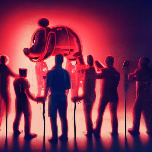 Image similar to a group of people standing around a giant bloody wounded mickey mouse, neon netflix logo, cyberpunk art by david lachapelle, cgsociety, sots art, dystopian art, reimagined by industrial light and magic, dark concept art