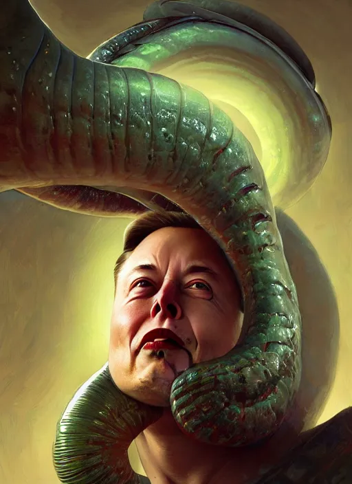 Prompt: elon musk as slimy mollusk character, drool, far shot!!!, wide angle, highly detailed, digital painting, artstation, concept art, wallpaper, smooth, sharp focus, illustration, art by h. r. giger and artgerm and greg rutkowski and alphonse mucha