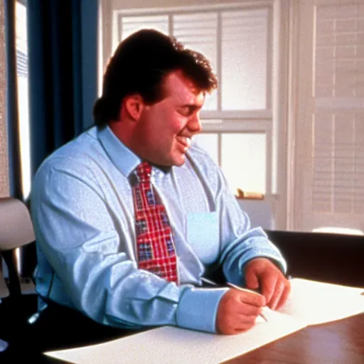 Image similar to clean - shaven chubby white man wearing a shirt and necktie sitting at a desk writing on a small card, smiling, 1 9 8 9 movie still, tv scan lines, cinematography, cinematic lighting