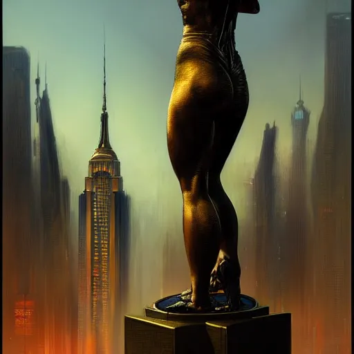 Prompt: a bronze statue stands as the centerpiece of cyberpunk new york city, fantasy, intricate, elegant, digital painting, trending on artstation, concept art, sharp focus, illustration by greg rutkowski, Gaston Bussiere and artgerm, 4k.