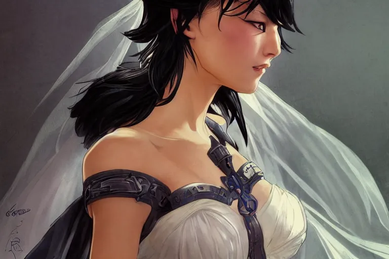 Prompt: cassandra cain in a wedding dress, close proximity to camera looking at camera, low angle camera, cg animation, riot entertainment, arcane, realistic, character select portrait, by artgerm, greg rutkowski, alphonse mucha, 3 d