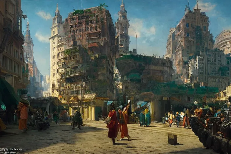 Image similar to a futuristic city in summer painted by Ludwig Deutsch and Rudolf Ernst, solarpunk,strong dramatic cinematic lighting, smooth, sharp focus, extremely detailed