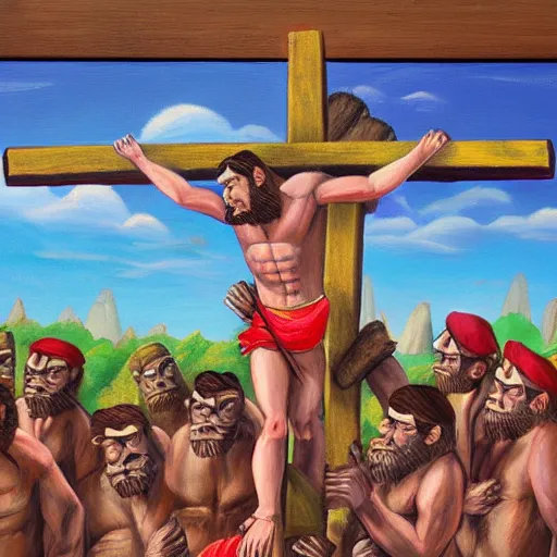 Image similar to Donkey Kong dies on the cross for our sins, oil painting