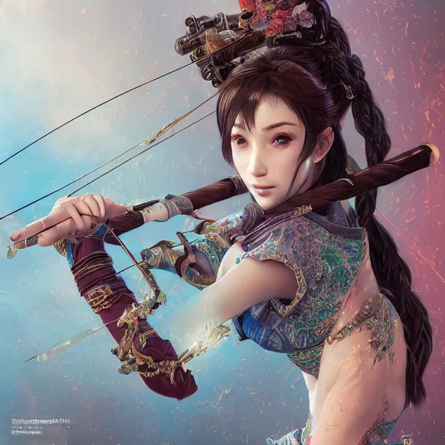 Image similar to the portrait of lawful neutral semi - colorful female archer socialite as absurdly beautiful, gorgeous, elegant, young gravure idol, an ultrafine hyperdetailed illustration by kim jung gi, irakli nadar, intricate linework, bright colors, octopath traveler, final fantasy, unreal engine 5 highly rendered, global illumination, radiant light, detailed and intricate environment