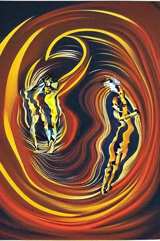 Image similar to optical illusion painting of a couple dancing in a worm hole, illusionism, look twice, mind blow, by damien gilley and salvador dali, detailed