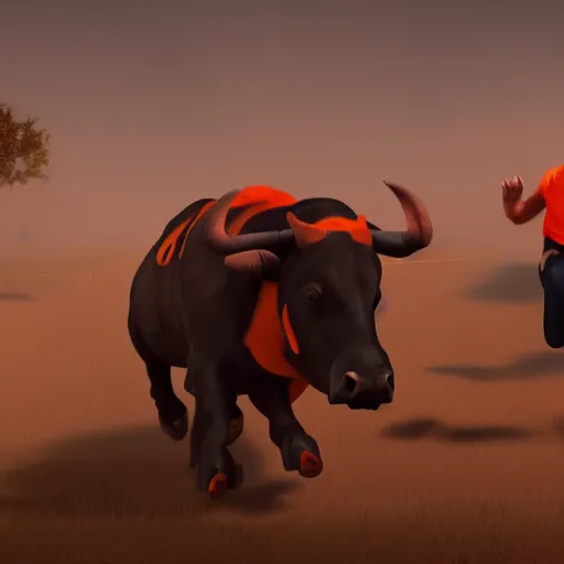 Prompt: man in orange t - shirt chased by big black bulls, artstation