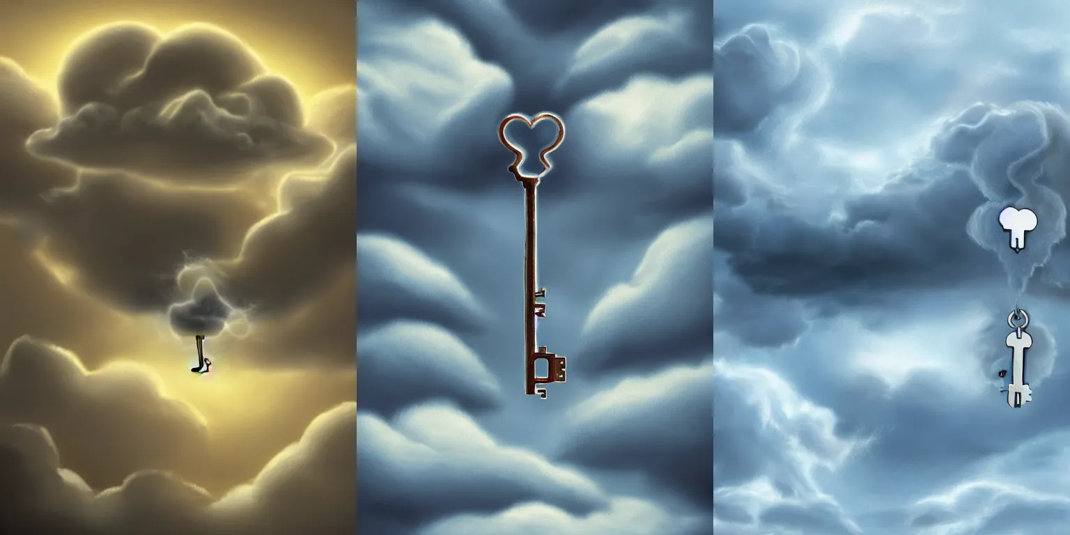 Prompt: Clouds in the shape of a key. Clouds forming a key. Storm. Fantasy, digital painting, HD, 4k, detailed, artwork.