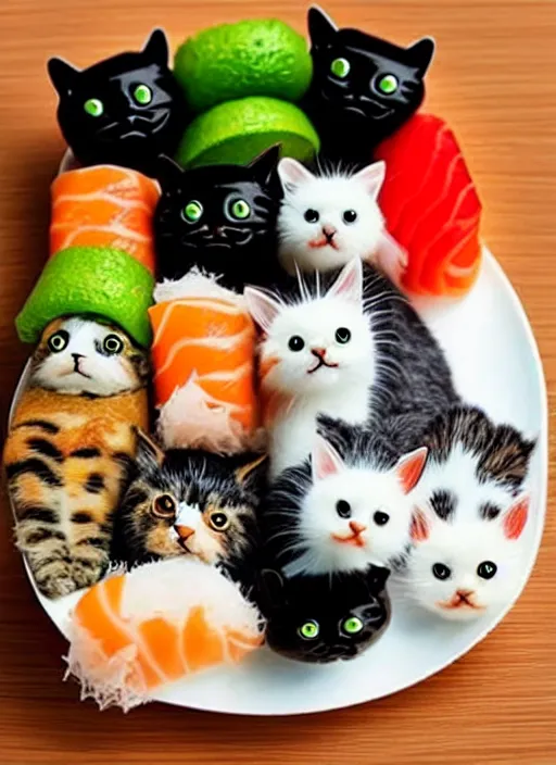 Image similar to clear photorealistic picture of adorable cats made out of sushi