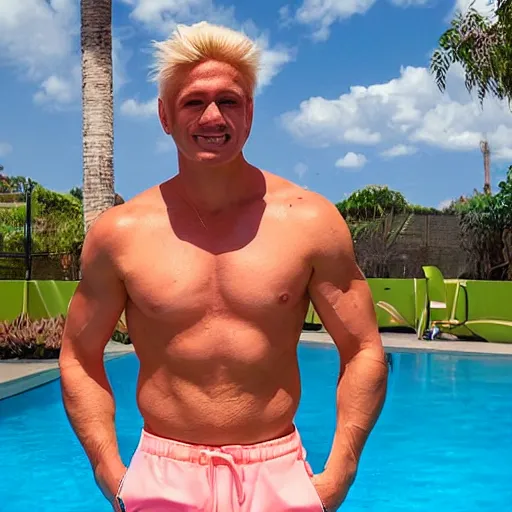 Image similar to a handsome man with blonde hair, ken, who is a male android, muscular, wearing a cut - off pink top and short light orange shorts, stands by a swimming pool, facing forward