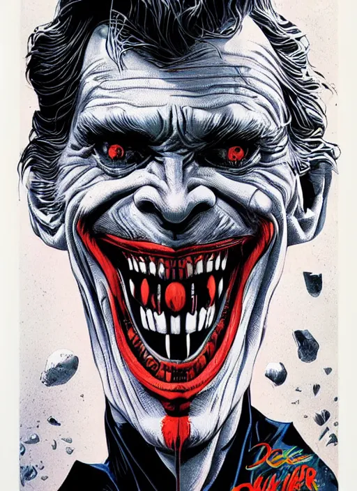 Prompt: willem dafoe as the joker, big smile, grotesque, horror, high details, intricate details, by vincent di fate, artgerm julie bell beeple, 1 9 8 0 s, inking, vintage 8 0 s print, screen print