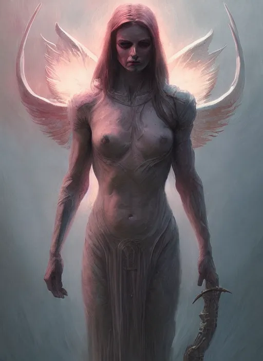 Image similar to fantasy half angel in heaven, half demon in hell, dim light, front game card, marvel comics, dark, intricate, highly detailed, smooth, artstation, digital illustration by ruan jia and mandy jurgens and artgerm and wayne barlowe and greg rutkowski and zdislav beksinski