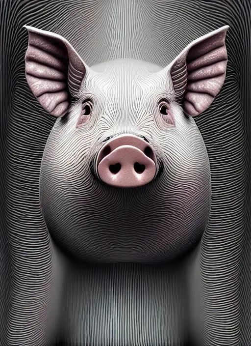 Image similar to hyper detailed 3d render like an Oil painting - Portrait of a Pig in a tuxedo by Jacek Yerka, Mariusz Lewandowski, Houdini algorithmic generative render, Abstract brush strokes, Masterpiece, Edward Hopper and James Gilleard, Zdzislaw Beksinski, Mark Ryden, Wolfgang Lettl, hints of Yayoi Kasuma, octane render, 8k