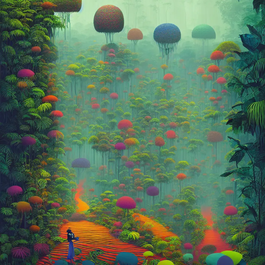 Prompt: surreal glimpse, malaysia jungle, summer morning, very coherent and colorful high contrast art by gediminas pranckevicius james gilleard james gurney floralpunk screen printing woodblock, dark shadows, pastel color, hard lighting, stippling dots, art nouveau