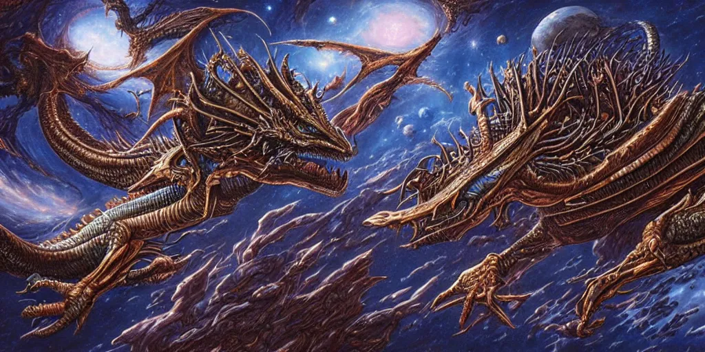 Image similar to an alien dragon flying through outer space by dan seagrave art