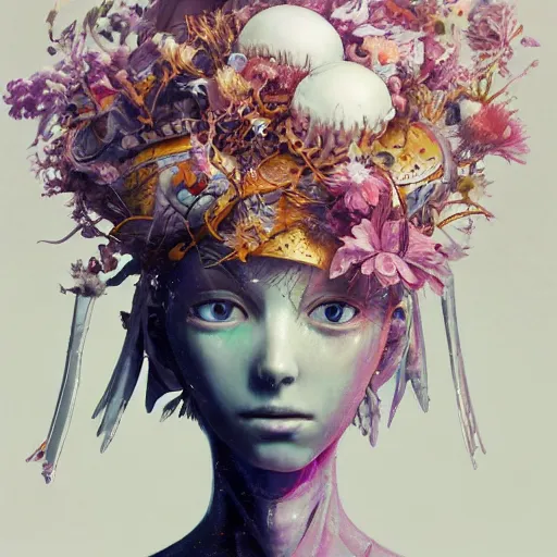 Image similar to surreal gouache painting, by yoshitaka amano, by ruan jia, by conrad roset, by good smile company, detailed anime 3 d render of a female mechanical android head with flowers growing out, portrait and white background, cgsociety, artstation, rococo mechanical costume and grand headpiece, dieselpunk atmosphere