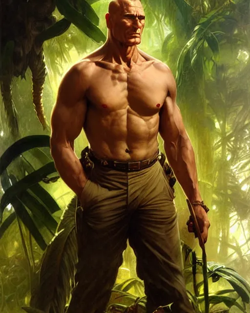 Prompt: doc savage in the jungle, fantasy character portrait, ultra realistic, concept art, intricate details, highly detailed by frank frazetta greg rutkowski, gaston bussiere, craig mullins, simon bisley ruan jia and mandy jurgens and artgerm and william - adolphe bouguereau and frank frazetta