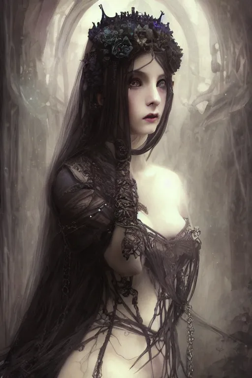 Image similar to beautiful and gothic and victorian and luxury and mythical young medieval dark princess portrait like blackpink lisa+smoky eyes+front face with light flowing hair, ultradetail face, art and illustration by tian zi and craig mullins and WLOP and alphonse mucha, fantasy, intricate complexity, human structure, human anatomy, fantasy character concept, watermark, blurry, hyperrealism 8k