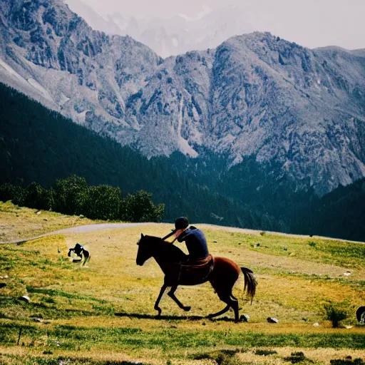 Prompt: horse on bicycle in the mountains