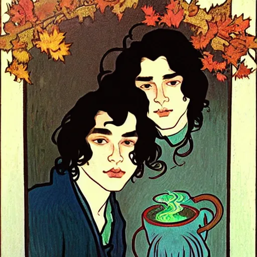 Prompt: painting of young cute handsome beautiful dark medium wavy hair man in his 2 0 s named shadow taehyung and cute handsome beautiful min - jun together at the halloween witchcraft party with bubbling cauldron, melancholy, autumn colors, elegant, ritual, stylized, gorgeous eyes, soft facial features, delicate facial features, art by alphonse mucha, vincent van gogh, egon schiele