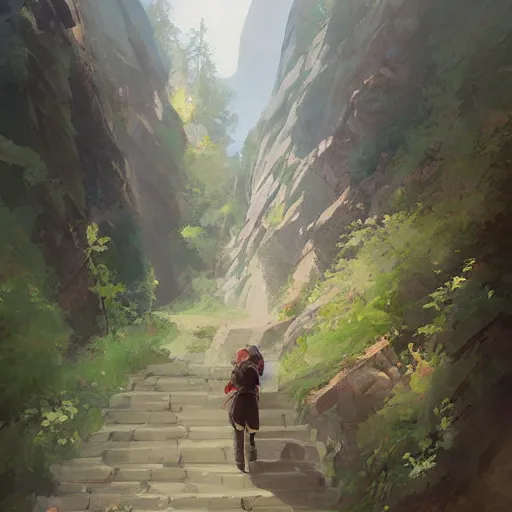 Image similar to Time to climb the mountain path, digital art by Krenz Cushart