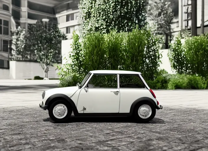 Image similar to a small miniature of a Mini Cooper S 1963 on a white table near a vase with a plant, 3d render, octane render, unreal engine 5, path tracing, serene landscape, calm, relaxing, beautiful landscape, highly detailed, high quality, 4k, symmetrical, low contrast