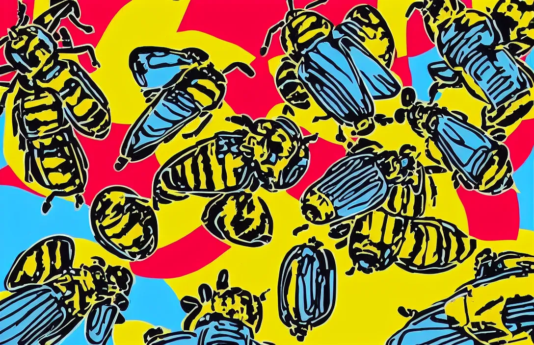 Image similar to pop art collage of mechanical bees, style of Andy Warhol