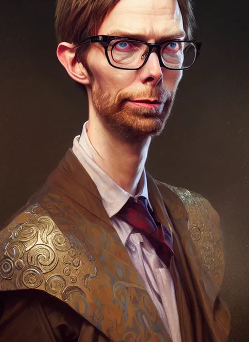 Prompt: portrait of stephen merchant, d & d, lanky! fantasy, intricate, elegant, highly detailed, digital painting, artstation, concept art, smooth, sharp focus, illustration, art by artgerm and greg rutkowski and alphonse mucha