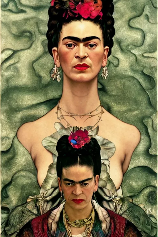 Image similar to realistic detailed portrait of frida kahlo by denis villeneuve, amano, yves tanguy, alphonse mucha, ernst haeckel, max ernst, roger dean, ridley scott, dynamic closeup