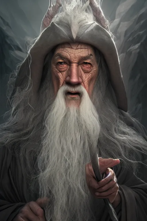 Prompt: a hyperrealistic 3 d render of gandalf as an evil - wizard. by artgerm, wlop and ravi varma. octane render. dark moody lighting. middle - earth background. intricate beautiful details. trending on deviant art.