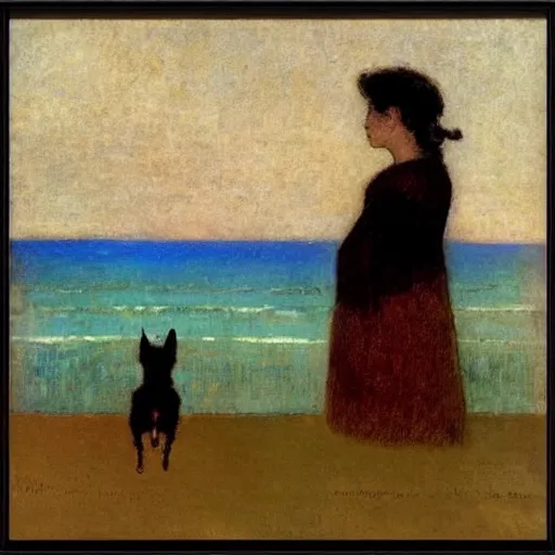 Image similar to a woman and her black and brown chihuahua looking out to sea by odilon redon