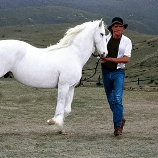 Prompt: harrison ford riding a white stallion