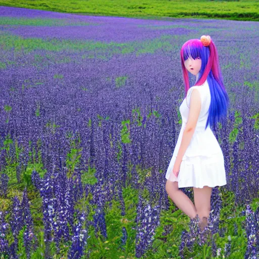 Prompt: Anime girl with cobalt blue hair and a side bun wearing a white sun dress in a scenic field of flowers, trending on pixiv, very very beautiful, 4k