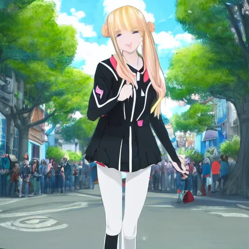 Image similar to blonde - haired princess, anime princess, wearing black jacket and white leggings, looking through crowd, town street, festival street, trees, green trees, blue lighting, blue sunshine, strong lighting, strong shadows, vivid hues, ultra - realistic, sharp details, subsurface scattering, intricate details, hd anime, 2 0 1 9 anime