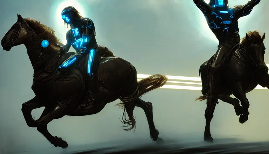 Image similar to tron legacy jesus riding cyborg horse, face, diffuse lighting, hyper realistic, concept art, intricate, hyper detailed, smooth, sharp focus, illustration, trending on artstation, art by greg rutkowski and james gurney and alphonse mucha