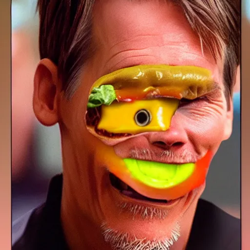 Image similar to kevin bacon face wrapped inside a cheeseburger