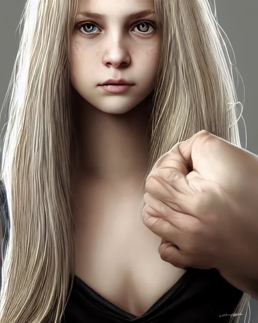 Image similar to portrait of 1 6 - year - old woman with dirty blonde hair down to her waist, pale eyebrows and protuberant silver eyes, wearing white shirt, hyper realistic face, beautiful eyes, character art, art by mark brooks, hyperdetailed, cryengine, trending on artstation, digital art