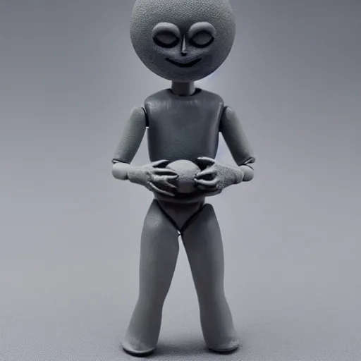 Image similar to photo of plastic painted toy figurine collectible grey moon with creepy smiling face with large craters with hands standing on legs in sneakers