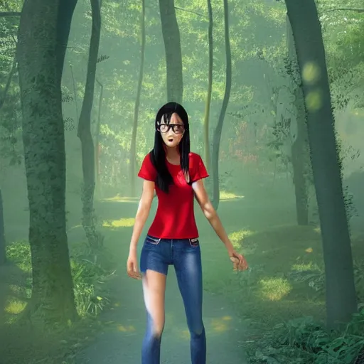 Image similar to nagatoro using white and red tight raglan sleeves, tight blue jeans and cool shoes in a tropical forest, fire hair in flames, artstation, 3 d ray tracing, octane render