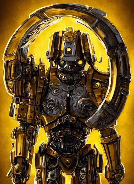 Prompt: full body, dynamic attack position abstract portrait of a intricate glorious holy mechanical warforged character in yellow armor holding a paladin engraved great longsword drawn and carrying a big paladin shield, glowing!!!! eye!!!!!, face in focus, pit droid, epic , trending on ArtStation, masterpiece, cinematic lighting, by Ross Tran and by Greg Rutkowski